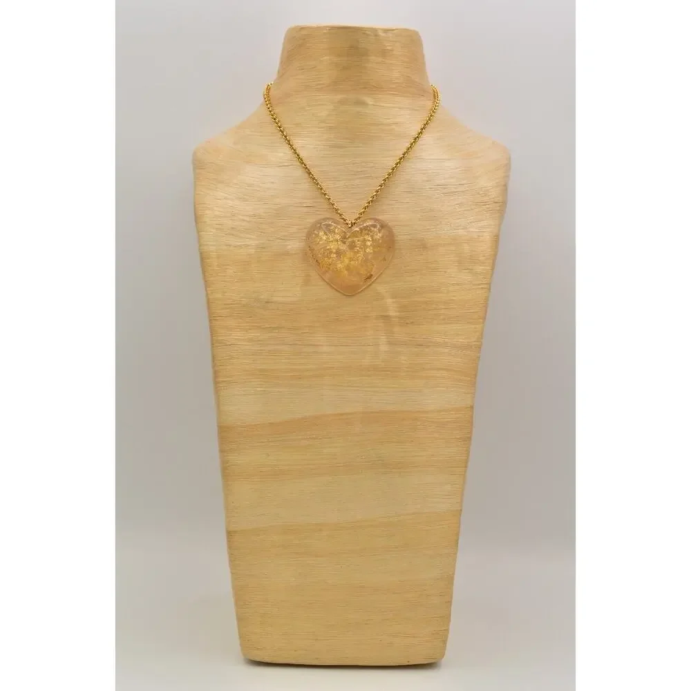 Vintage Heart Pendant Necklace Gold Foil Lucite Resin Designer Signed BinBJ